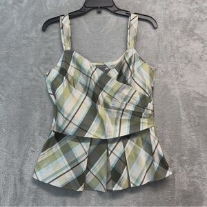 Ann Taylor Silk Plaid Peplum Y2K Blouse in Olive, Aqua & White Size 6
